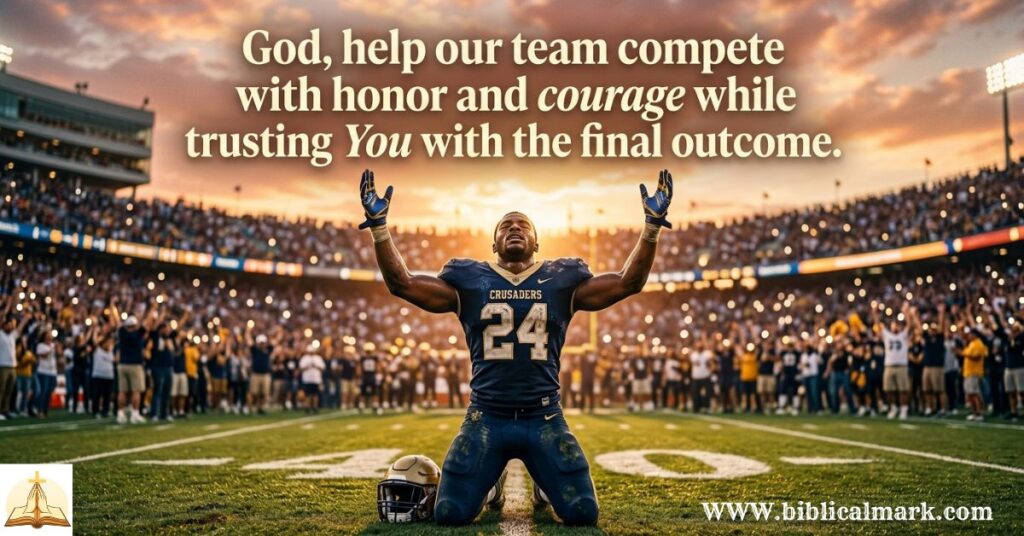 Create an inspiring Christian football image showing a victorious football player raising his hands toward the sky after a game, stadium crowd blurred, glowing sunset behind him, emotional and triumphant atmosphere, realistic sports photography style, high detail, warm cinematic lighting. Add this prayer in bold beautiful typography: “God, help our team compete with honor and courage while trusting You with the final outcome.” Ensure the prayer text is large, sharp, easy to read, and aesthetically balanced within the composition. 1