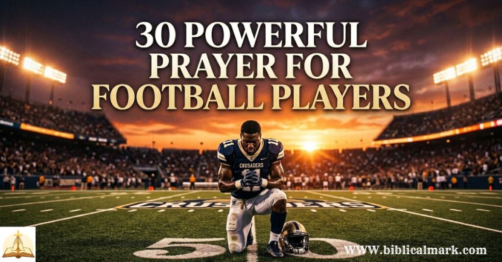 Create an inspiring Christian football image showing a victorious football player raising his hands toward the sky after a game, stadium crowd blurred, glowing sunset behind him, emotional and triumphant atmosphere, realistic sports photography style, high detail, warm cinematic lighting. Add this prayer in bold beautiful typography: “God, help our team compete with honor and courage while trusting You with the final outcome.” Ensure the prayer text is large, sharp, easy to read, and aesthetically balanced within the composition.