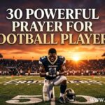 Create an inspiring Christian football image showing a victorious football player raising his hands toward the sky after a game, stadium crowd blurred, glowing sunset behind him, emotional and triumphant atmosphere, realistic sports photography style, high detail, warm cinematic lighting. Add this prayer in bold beautiful typography: “God, help our team compete with honor and courage while trusting You with the final outcome.” Ensure the prayer text is large, sharp, easy to read, and aesthetically balanced within the composition.