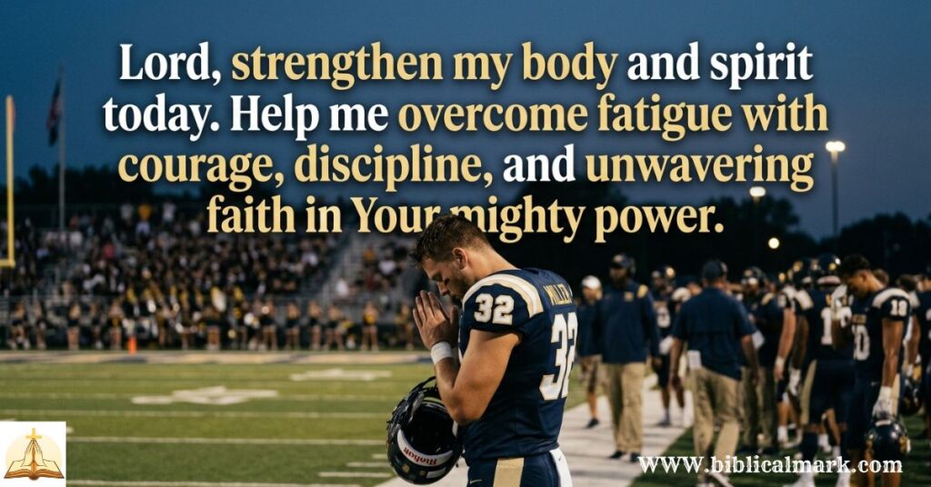 Create an inspiring Christian football image showing a victorious football player raising his hands toward the sky after a game, stadium crowd blurred, glowing sunset behind him, emotional and triumphant atmosphere, realistic sports photography style, high detail, warm cinematic lighting. Add this prayer in bold beautiful typography: “God, help our team compete with honor and courage while trusting You with the final outcome.” Ensure the prayer text is large, sharp, easy to read, and aesthetically balanced within the composition. 2