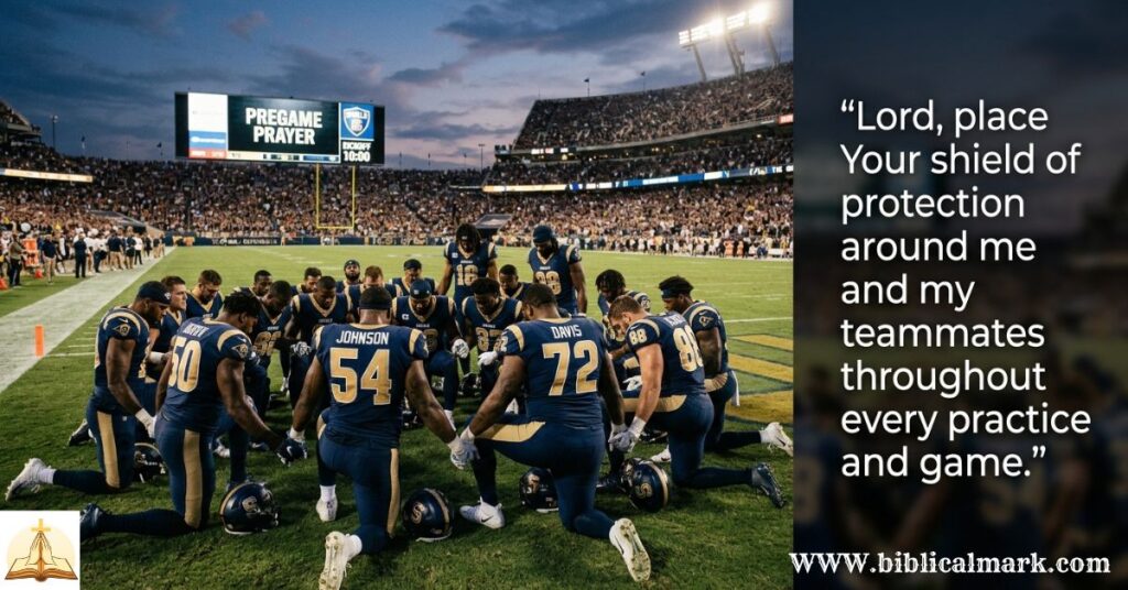 Create an inspiring Christian football image showing a victorious football player raising his hands toward the sky after a game, stadium crowd blurred, glowing sunset behind him, emotional and triumphant atmosphere, realistic sports photography style, high detail, warm cinematic lighting. Add this prayer in bold beautiful typography: “God, help our team compete with honor and courage while trusting You with the final outcome.” Ensure the prayer text is large, sharp, easy to read, and aesthetically balanced within the composition. 3